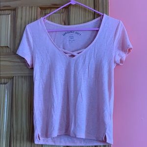 aeropostale’s coral tee with cris-crossed neckline